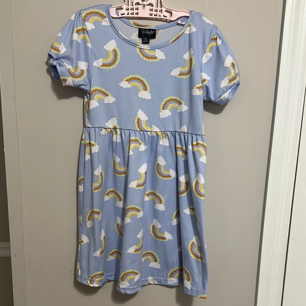 Picapino little girls sz 6x Blue w/clouds& Multicolor rainbow Dress NWT